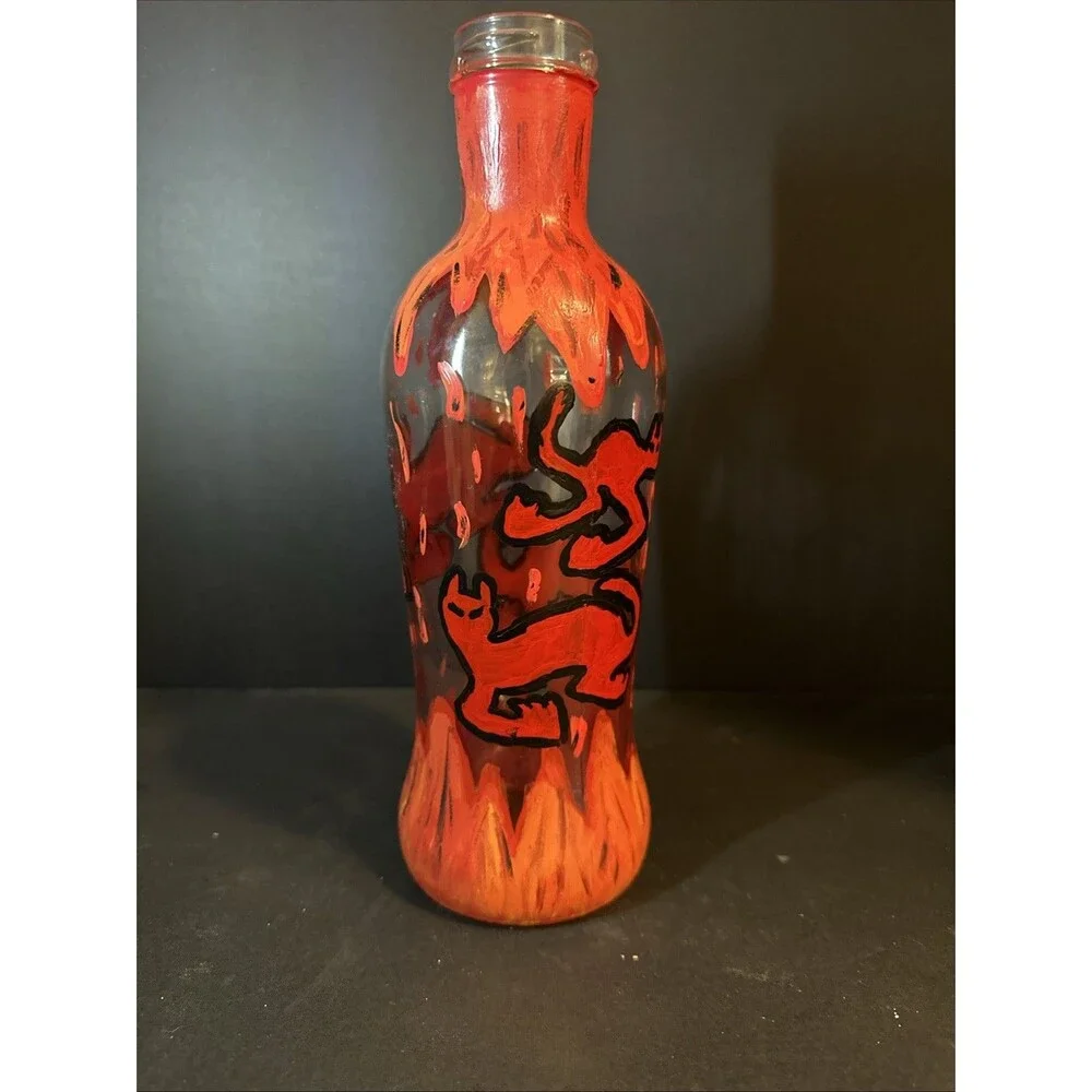 Hand‎ Painted Glass Bottle Vase Hell Fire Hounds Cats Devils Original Artwork